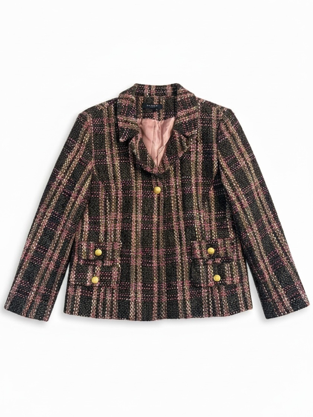 Sandro  Tweed Blazer Womens L Brown Pink Plaid Gold‎ Button